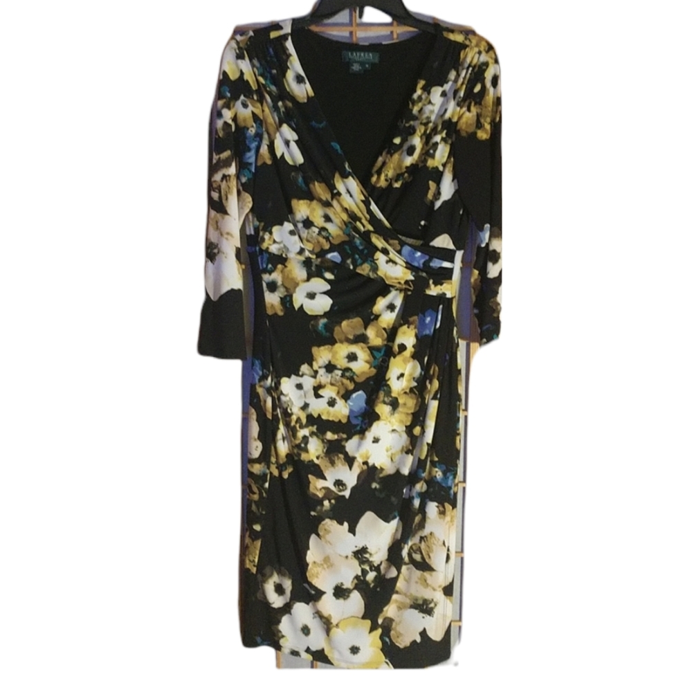 Ralph Lauren Yellow & Black V Neck Side Wrap Dress sz 10